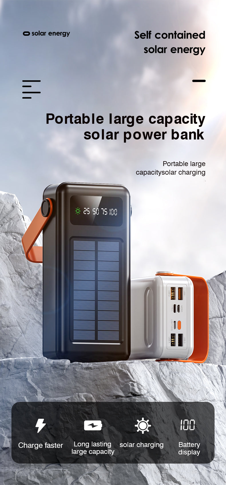 EVAS Solar Powered Portable Power Bank Charger Fast Charging Battery 30000mAh / 50000mAh