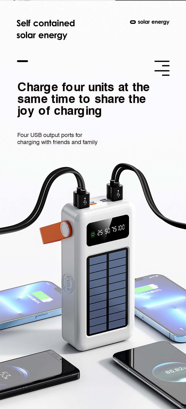 EVAS Solar Powered Portable Power Bank Charger Fast Charging Battery 30000mAh / 50000mAh